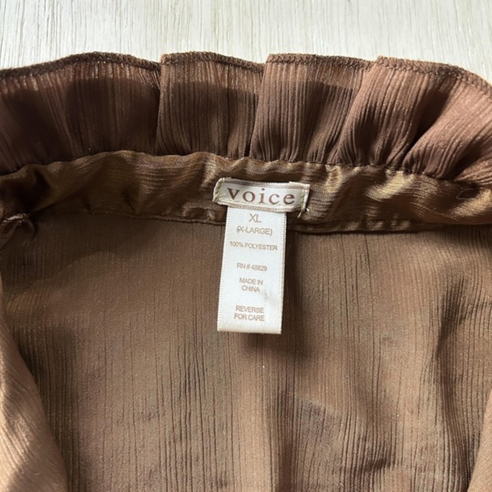 Y2K Voice Blouse Womens XL Brown Ruffle Sleeveless Button Front Collared Satin
